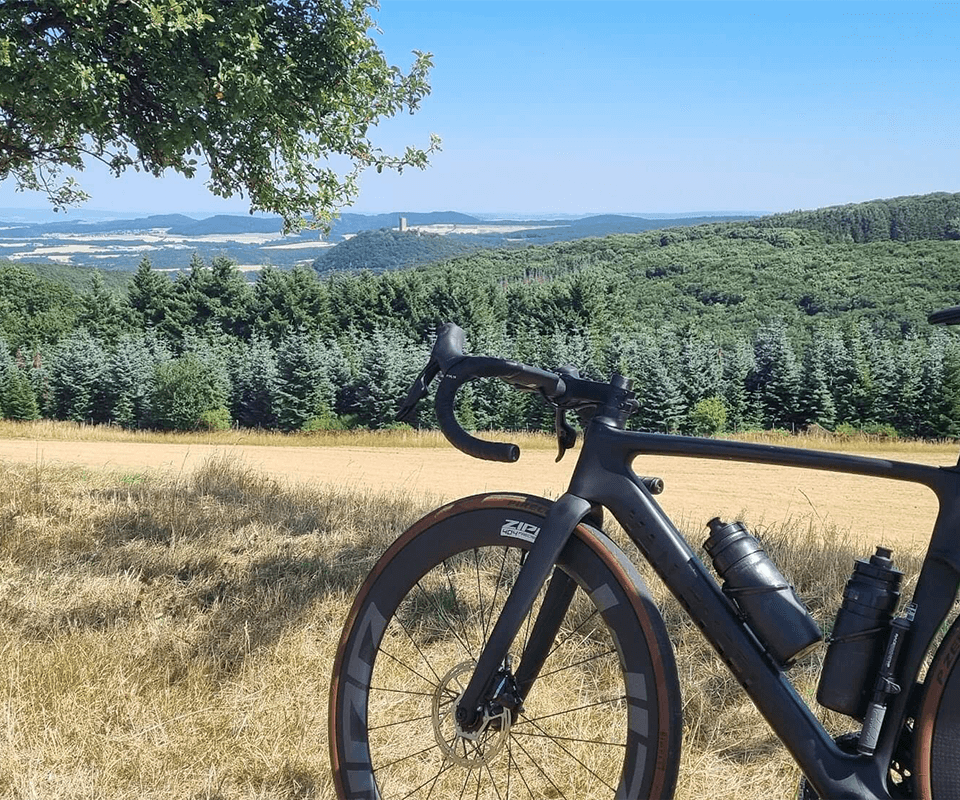 Bike standing alone in front of the eiffer mountainrange 